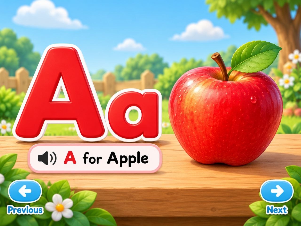Uppercase and lowercase A beside a red apple, with Previous and Next buttons