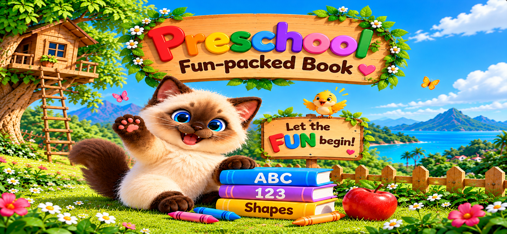 A cheerful preschool girl holding her fun-packed book tablet, with a teddy bear, bunny, rainbow playground, toys and a Let the FUN begin button
