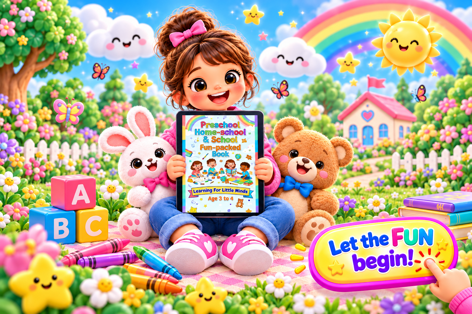 A cheerful preschool girl holding her fun-packed book tablet, with a teddy bear, bunny, rainbow playground, toys and a Let the FUN begin button